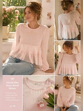 Kimchi Blue Sheer Tiered Blouse – Pale Pink, Size S